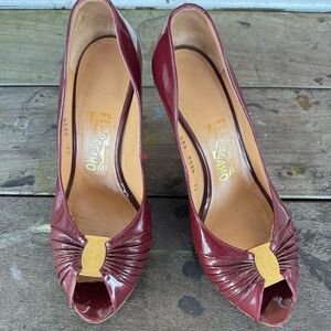 Salvatore Ferragamo Burgundy Peep Toe Heels with Gold Accent
